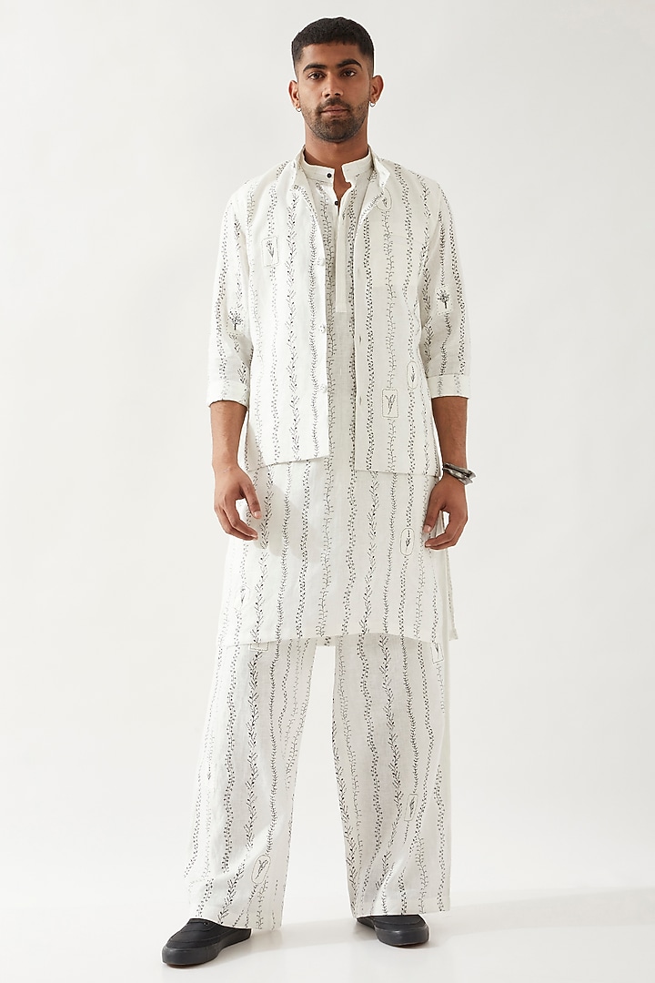 White Linen Printed Bundi Jacket Set by Son Of A Noble SNOB Men at Pernia's Pop Up Shop