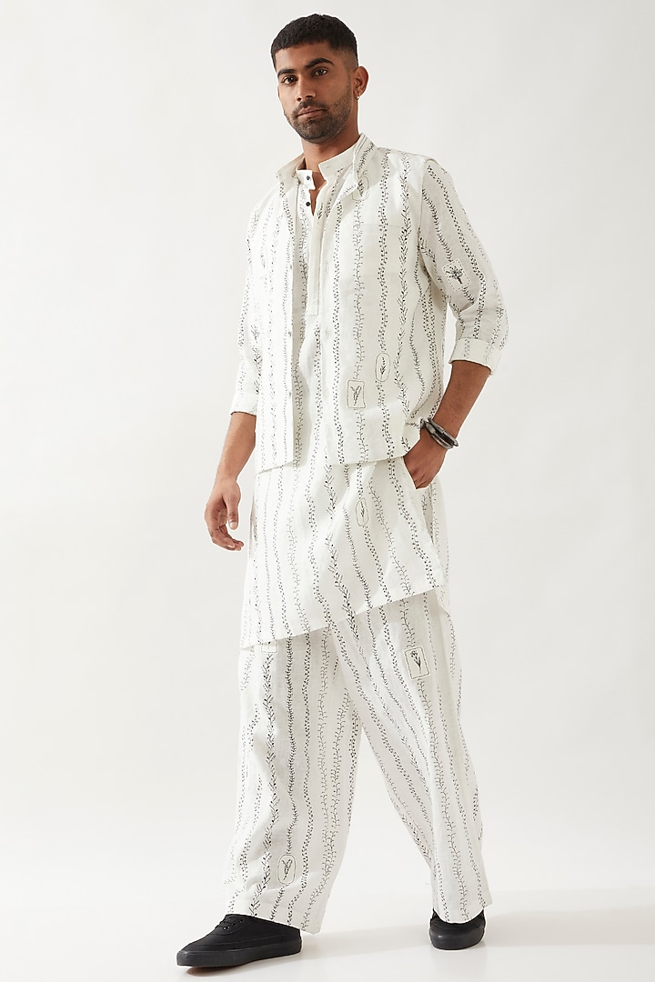White Linen Printed Bundi Jacket Set by Son Of A Noble SNOB Men at Pernia's Pop Up Shop