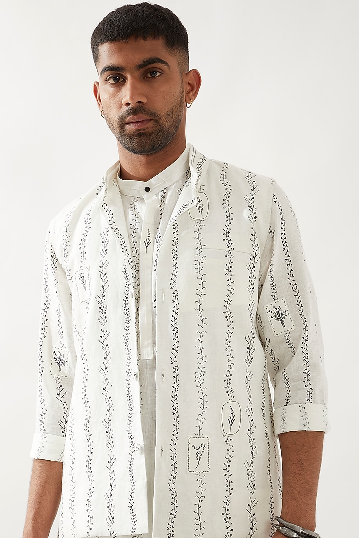 White Linen Printed Bundi Jacket Set by Son Of A Noble SNOB Men at Pernia's Pop Up Shop