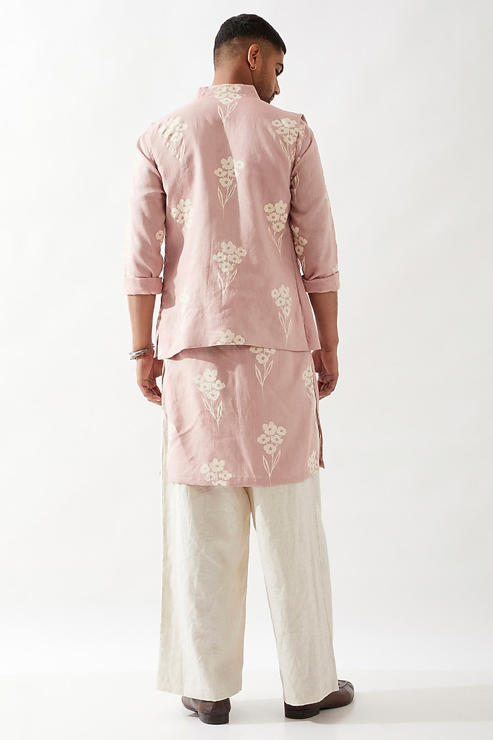 Pink Linen Printed Bundi Jacket Set by Son Of A Noble SNOB Men at Pernia's Pop Up Shop