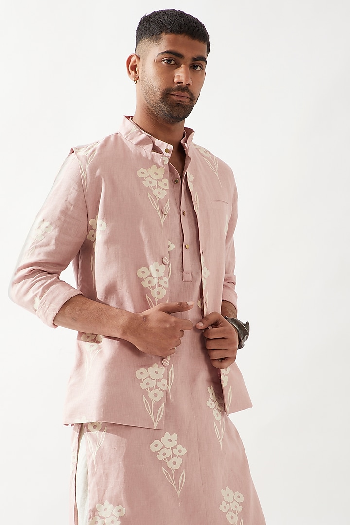 Pink Linen Printed Bundi Jacket Set by Son Of A Noble SNOB Men at Pernia's Pop Up Shop