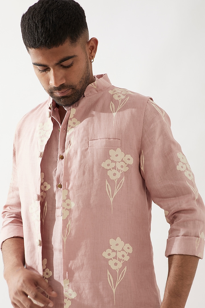 Pink Linen Printed Bundi Jacket Set by Son Of A Noble SNOB Men at Pernia's Pop Up Shop