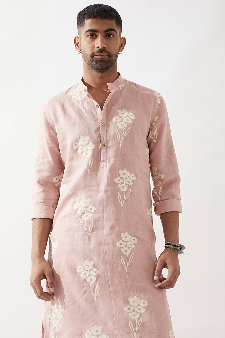 Pink Linen Printed Kurta Set by Son Of A Noble SNOB Men at Pernia's Pop Up Shop