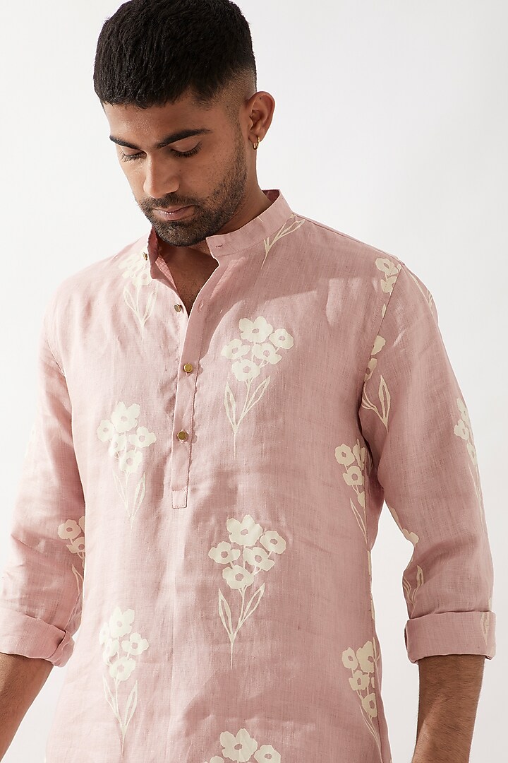 Pink Linen Printed Kurta Set by Son Of A Noble SNOB Men at Pernia's Pop Up Shop