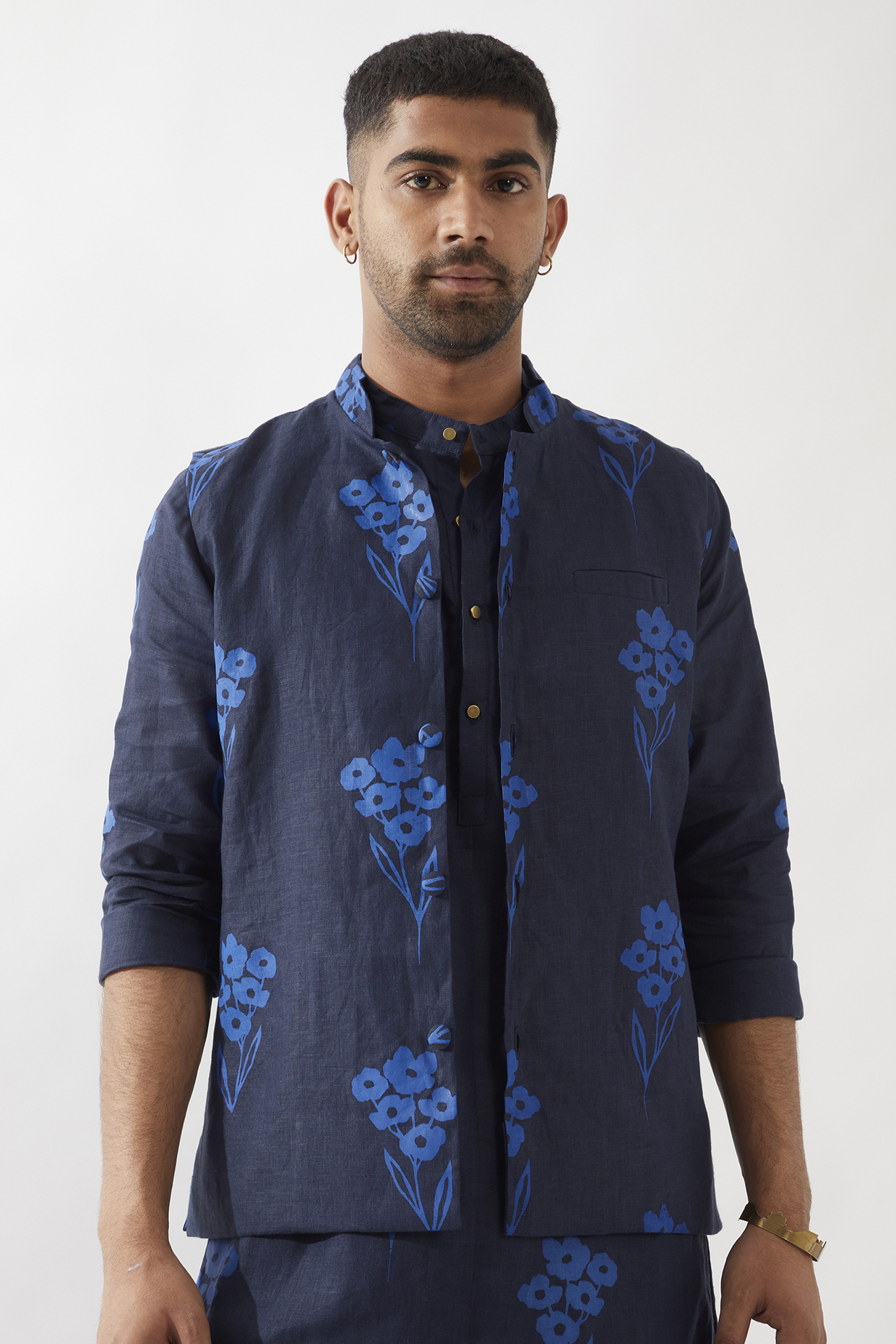 Navy Linen Printed Bundi Jacket by Son Of A Noble SNOB Men