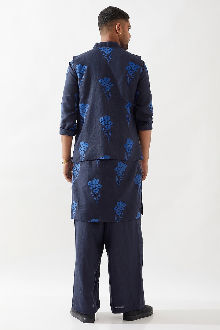 Navy Linen Printed Bundi Jacket by Son Of A Noble SNOB Men at Pernia's Pop Up Shop
