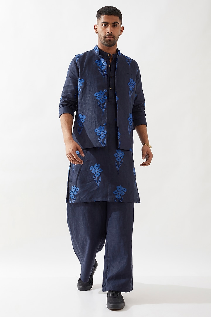 Navy Linen Printed Bundi Jacket by Son Of A Noble SNOB Men at Pernia's Pop Up Shop
