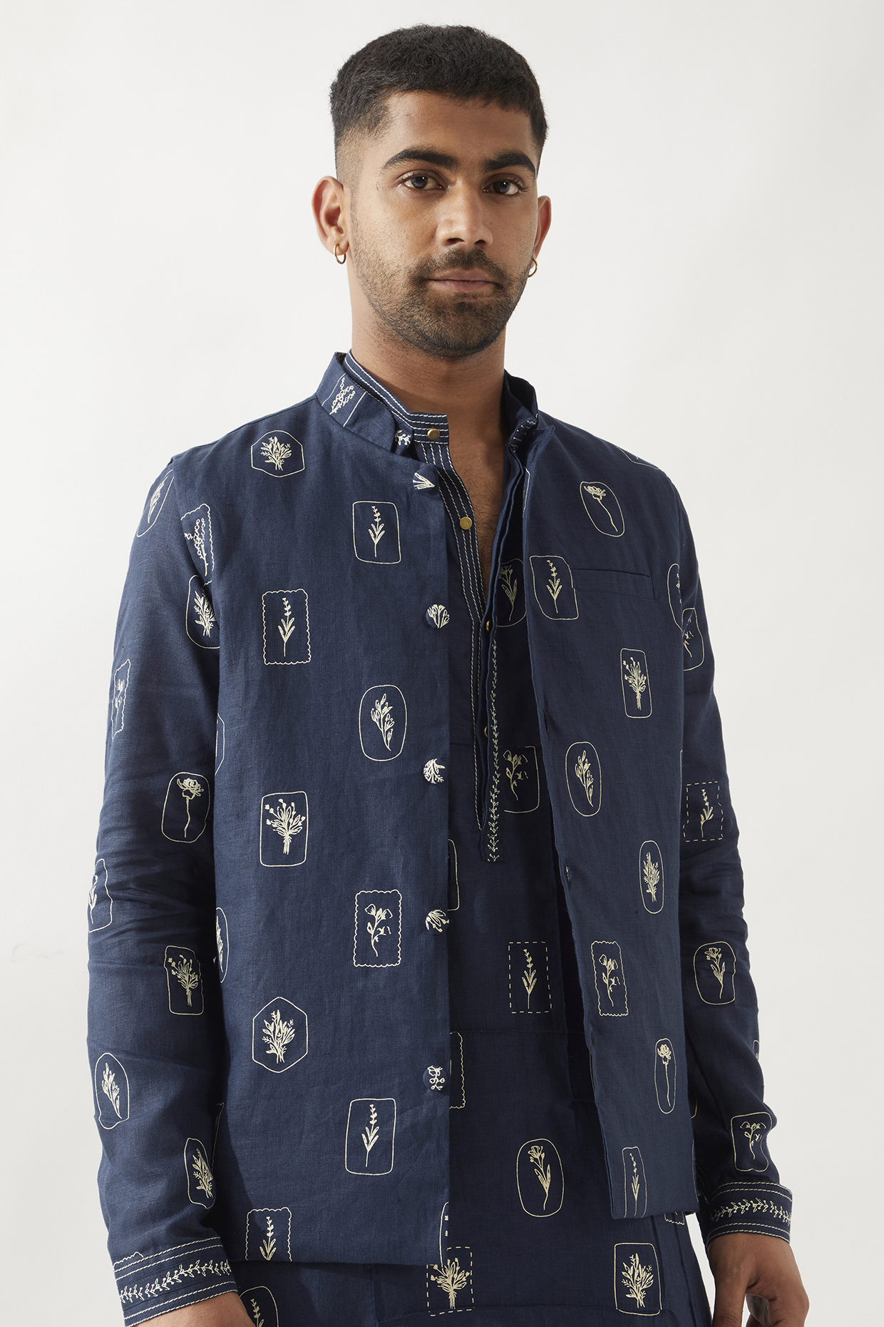Navy Linen Printed Bundi Jacket by Son Of A Noble SNOB Men
