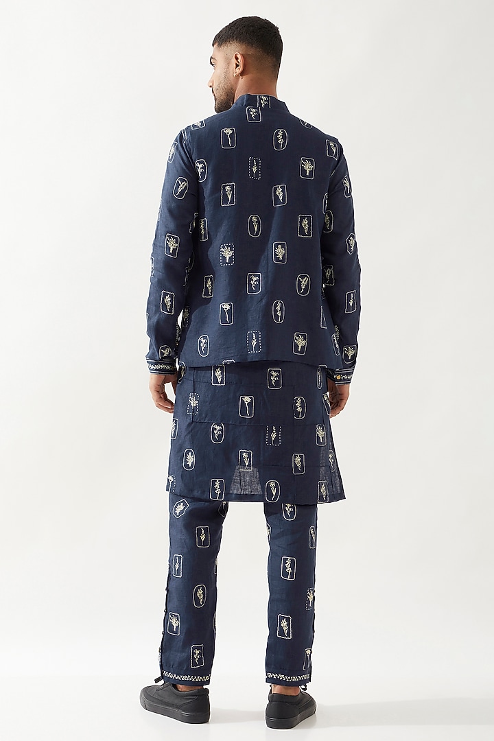 Navy Linen Printed Bundi Jacket by Son Of A Noble SNOB Men at Pernia's Pop Up Shop