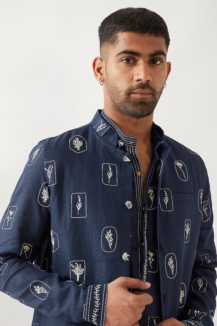 Navy Linen Printed Bundi Jacket by Son Of A Noble SNOB Men at Pernia's Pop Up Shop