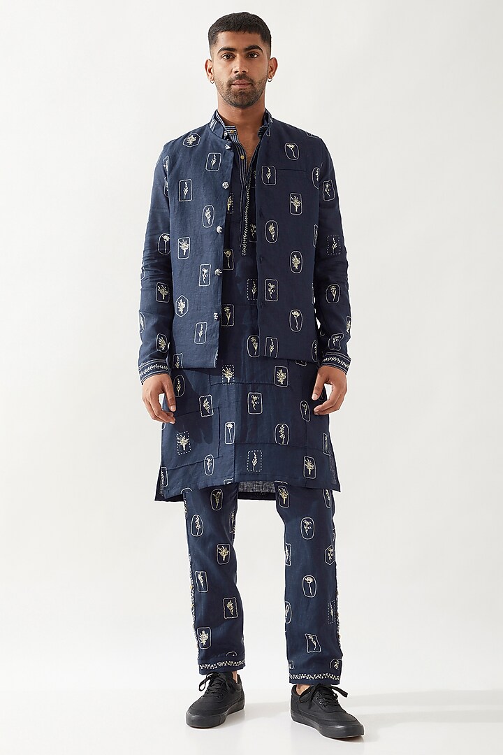 Navy Linen Printed Bundi Jacket by Son Of A Noble SNOB Men at Pernia's Pop Up Shop