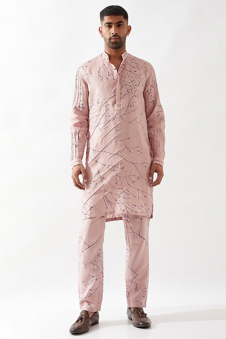 Pink Linen Printed Kurta Set by Son Of A Noble SNOB Men at Pernia's Pop Up Shop