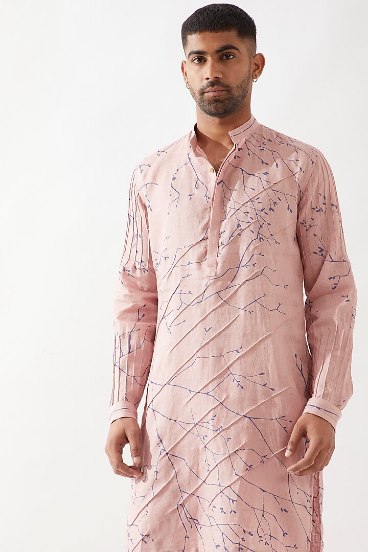 Pink Linen Printed Kurta Set by Son Of A Noble SNOB Men at Pernia's Pop Up Shop