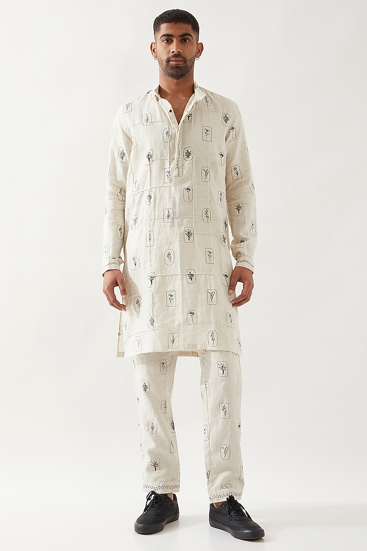 Ivory Linen Printed Pintuck Textured Kurta by Son Of A Noble SNOB Men at Pernia's Pop Up Shop