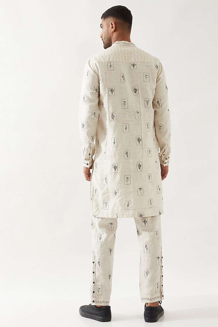 Ivory Linen Printed Pintuck Textured Kurta by Son Of A Noble SNOB Men at Pernia's Pop Up Shop