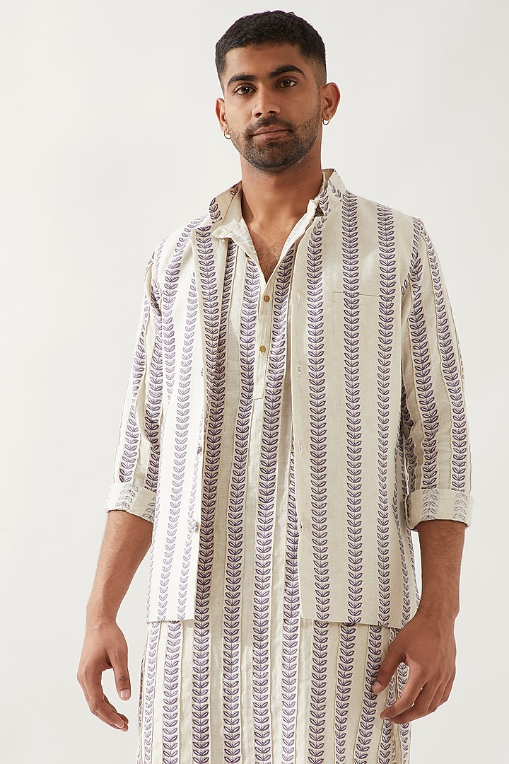 Ivory Linen Printed Bundi Jacket by Son Of A Noble SNOB Men at Pernia's Pop Up Shop
