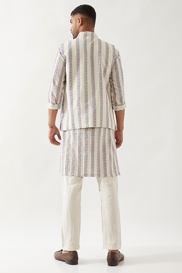 Ivory Linen Printed Bundi Jacket by Son Of A Noble SNOB Men at Pernia's Pop Up Shop