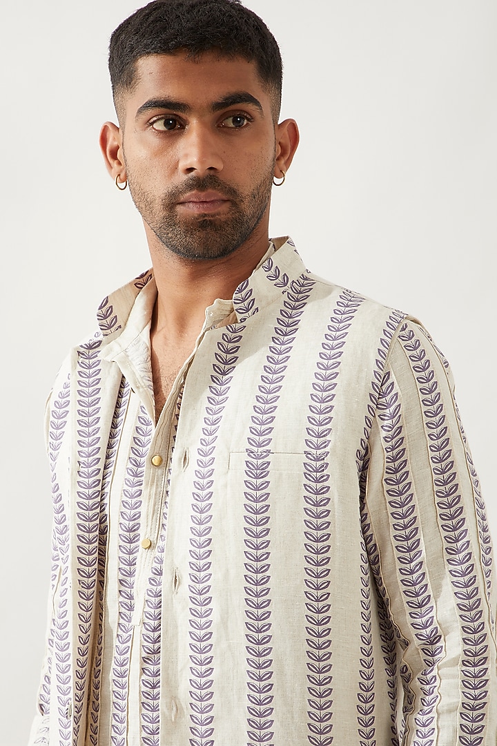 Ivory Linen Printed Bundi Jacket by Son Of A Noble SNOB Men at Pernia's Pop Up Shop