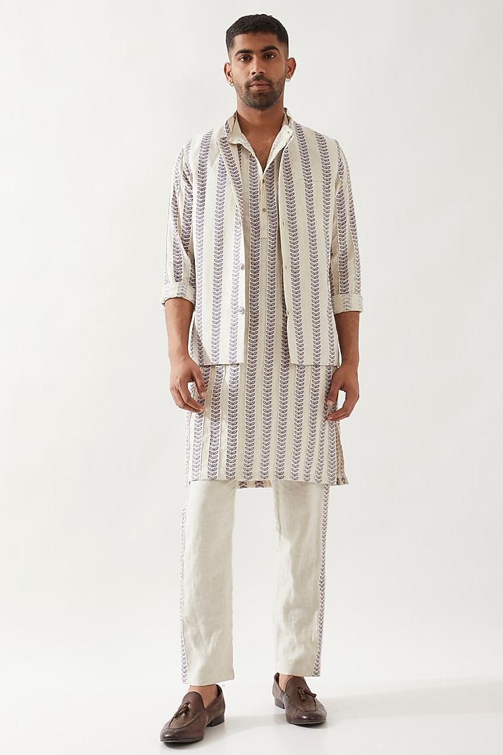 Ivory Linen Printed Bundi Jacket by Son Of A Noble SNOB Men at Pernia's Pop Up Shop