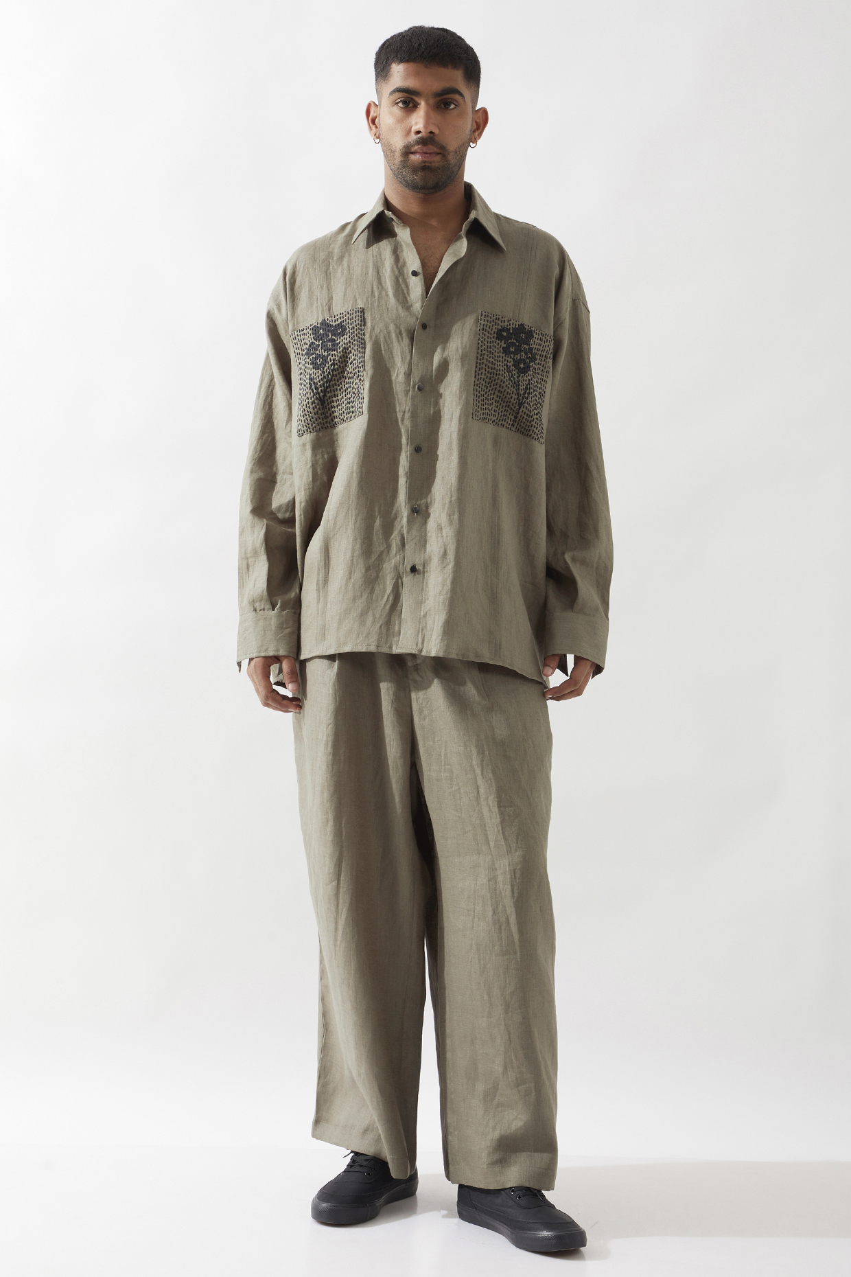 Olive Linen Hand Embroidered Shirt by Son Of A Noble SNOB Men