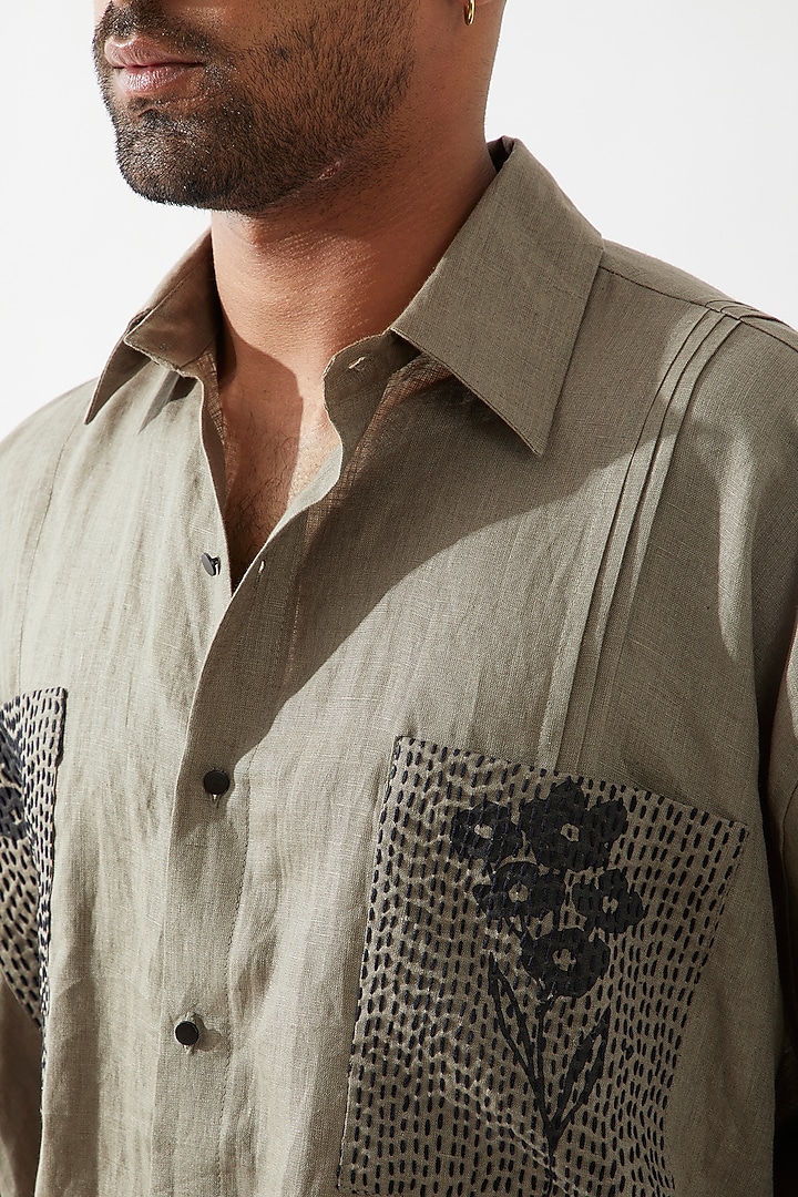 Olive Linen Hand Embroidered Wedding Shirt by Son Of A Noble SNOB Men at Pernia's Pop Up Shop