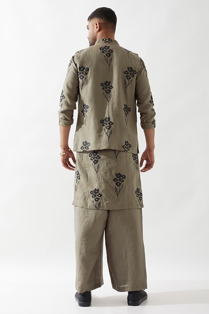Olive Linen Printed Bundi Jacket by Son Of A Noble SNOB Men at Pernia's Pop Up Shop