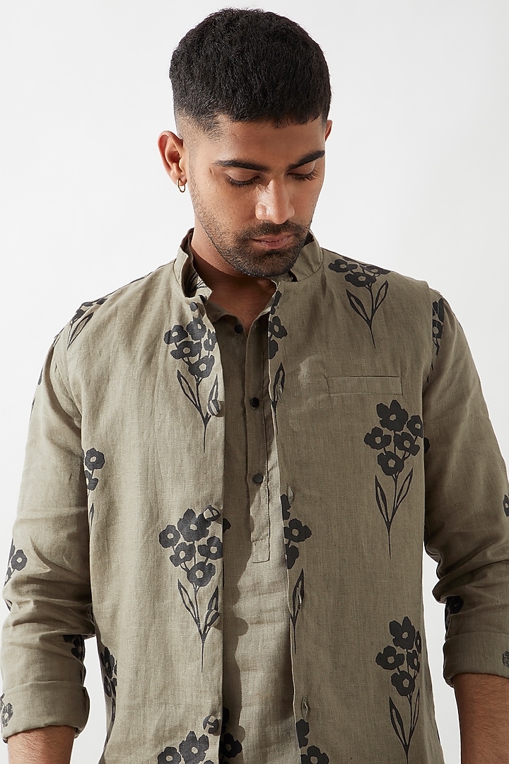 Olive Linen Printed Bundi Jacket by Son Of A Noble SNOB Men at Pernia's Pop Up Shop