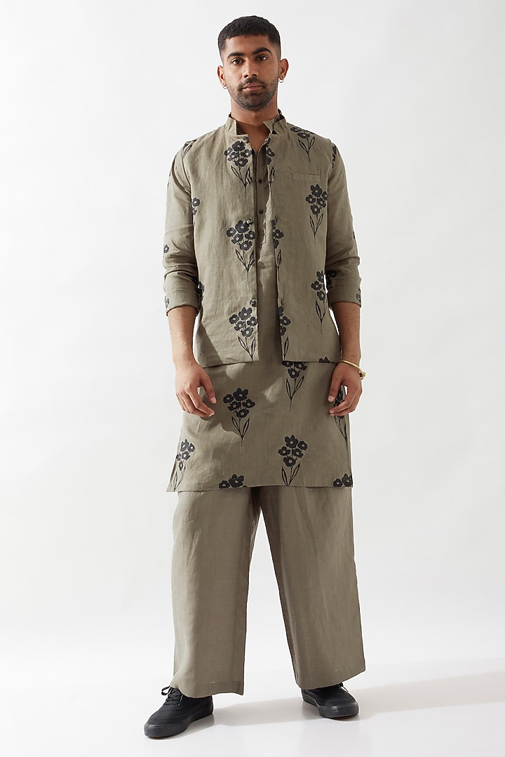 Olive Linen Printed Bundi Jacket by Son Of A Noble SNOB Men at Pernia's Pop Up Shop