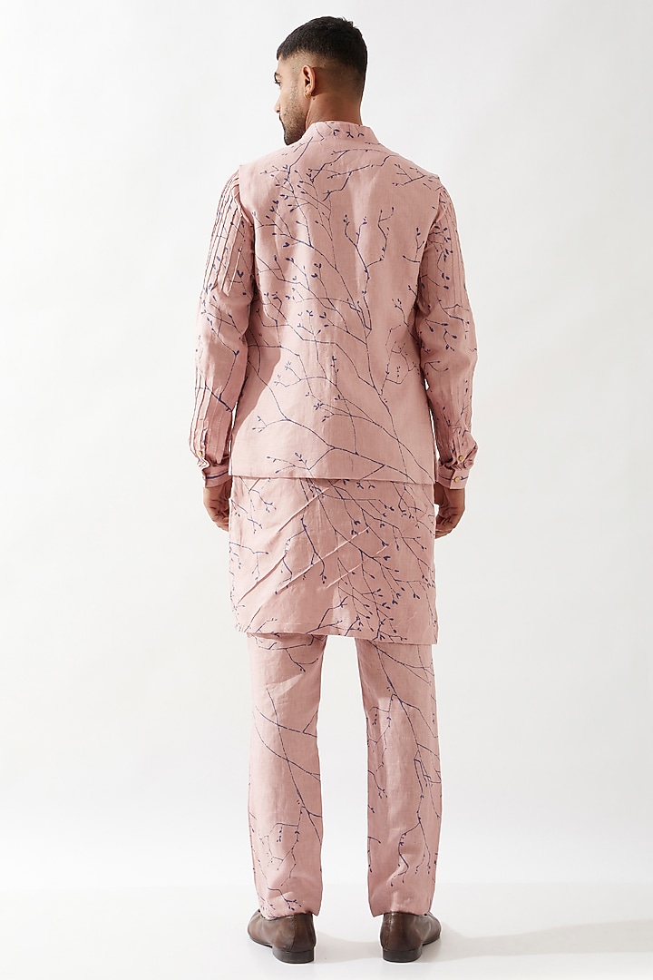 Pink Linen Printed Bundi Jacket Set by Son Of A Noble SNOB Men at Pernia's Pop Up Shop