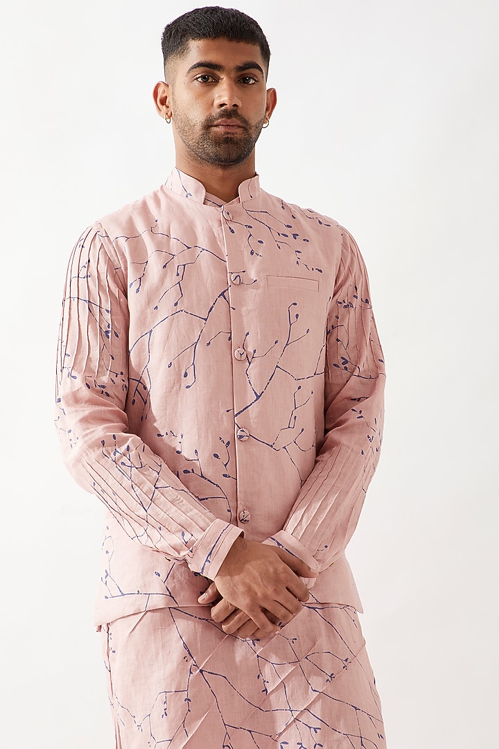 Pink Linen Printed Bundi Jacket Set by Son Of A Noble SNOB Men at Pernia's Pop Up Shop