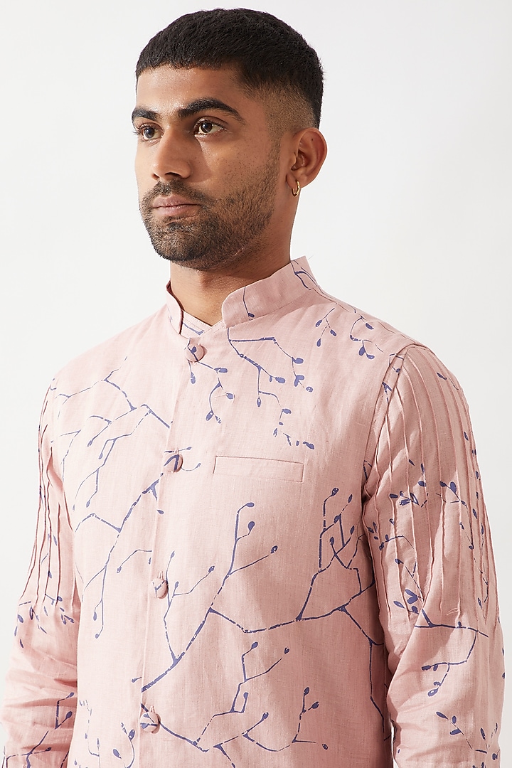 Pink Linen Printed Bundi Jacket Set by Son Of A Noble SNOB Men at Pernia's Pop Up Shop