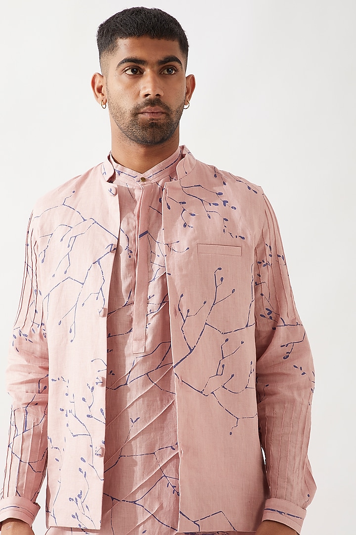 Pink Linen Printed Bundi Jacket Set by Son Of A Noble SNOB Men at Pernia's Pop Up Shop