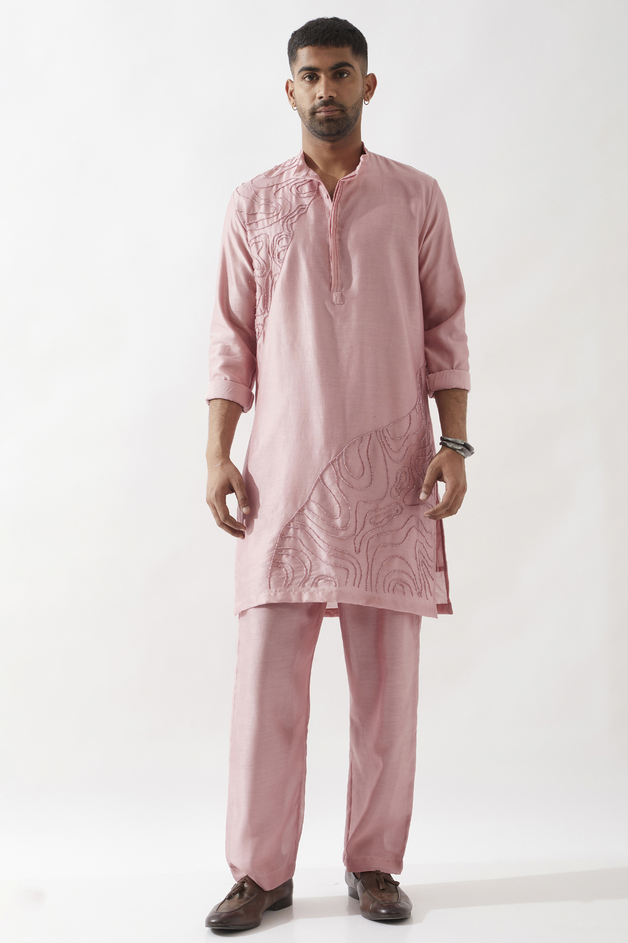 Pink Chanderi Silk Beadwork Kurta Set by Son Of A Noble SNOB Men