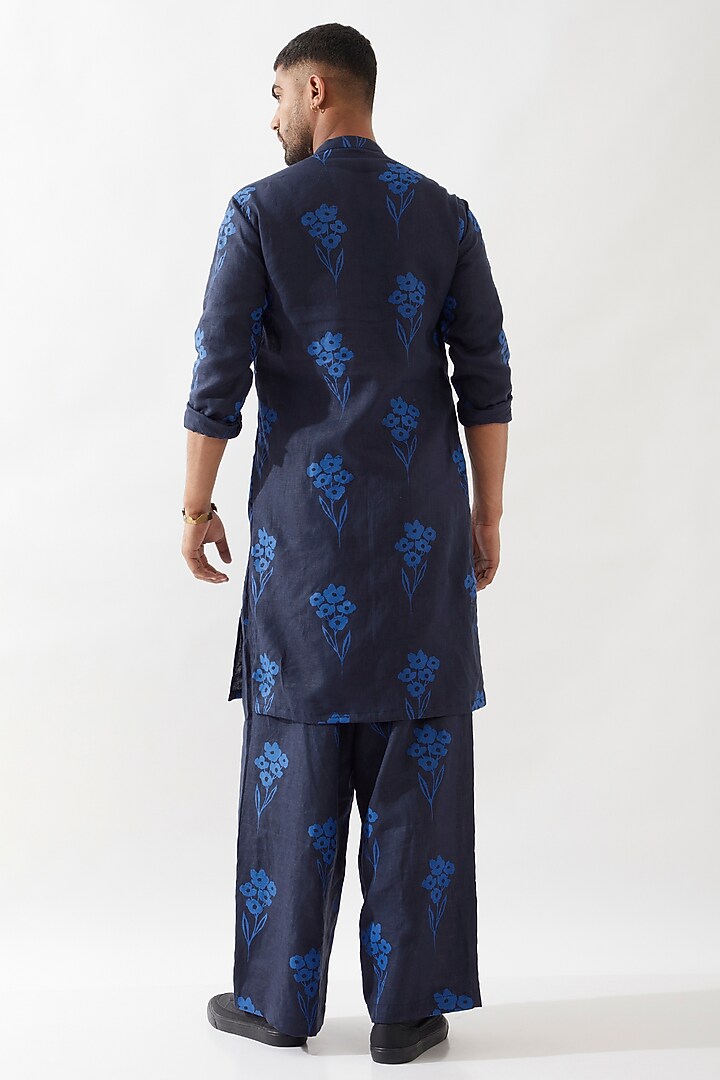 Navy Linen Printed Kurta Set by Son Of A Noble SNOB Men at Pernia's Pop Up Shop
