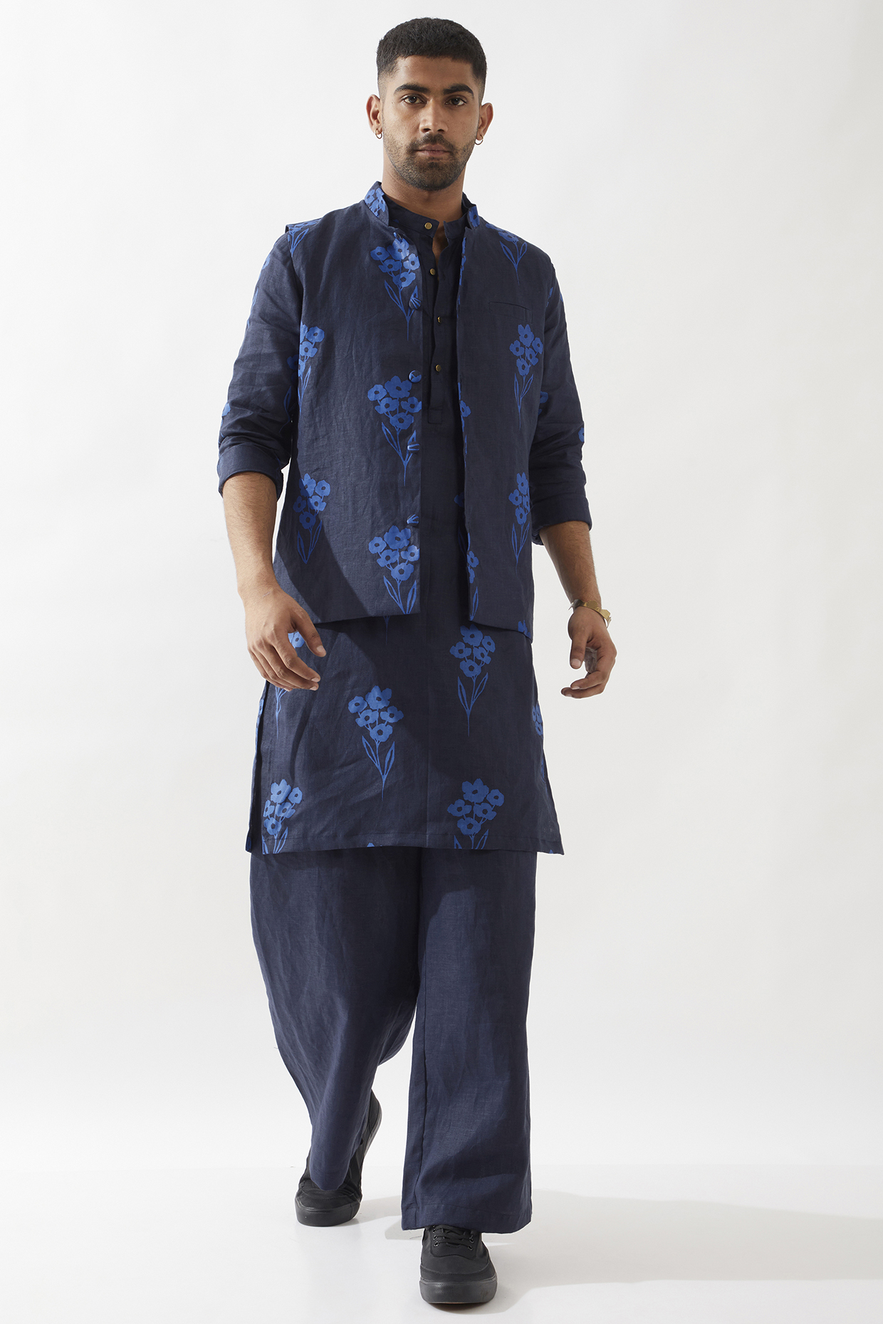 Navy Linen Printed Bundi Jacket Set by Son Of A Noble SNOB Men