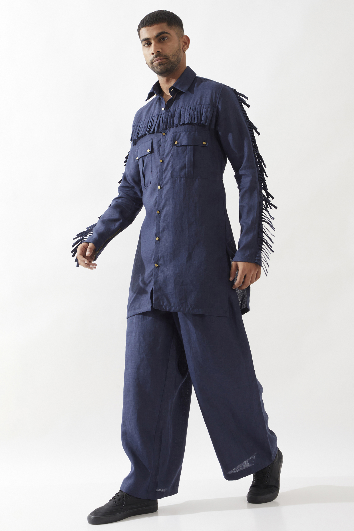 Navy Linen Tasseled Kurta Set by Son Of A Noble SNOB Men
