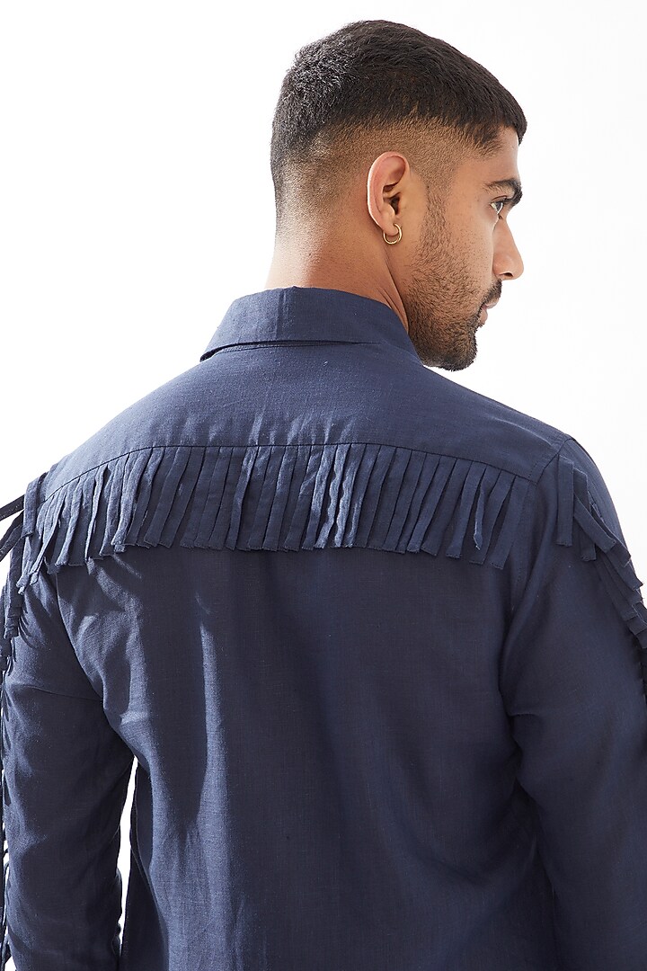 Navy Linen Tasseled Kurta Set by Son Of A Noble SNOB Men at Pernia's Pop Up Shop