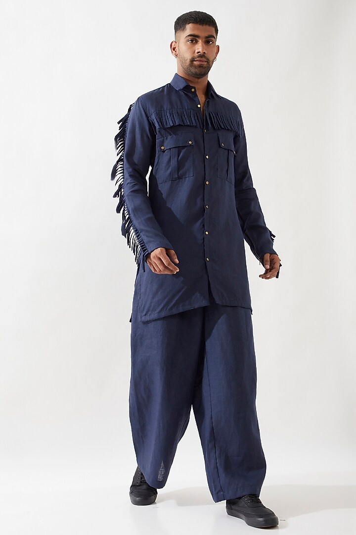 Navy Linen Tasseled Kurta Set by Son Of A Noble SNOB Men at Pernia's Pop Up Shop