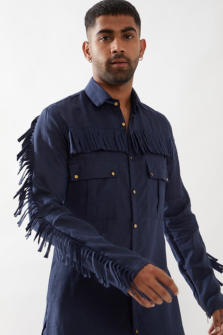 Navy Linen Tasseled Kurta Set by Son Of A Noble SNOB Men at Pernia's Pop Up Shop