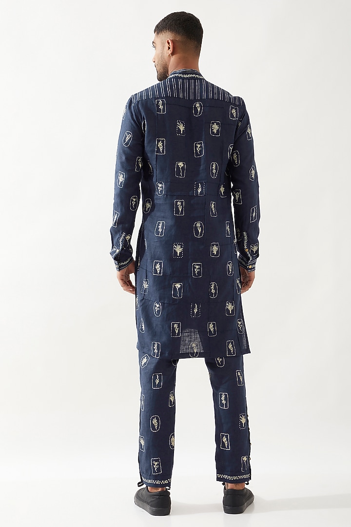 Navy Linen Printed Kurta Set by Son Of A Noble SNOB Men at Pernia's Pop Up Shop
