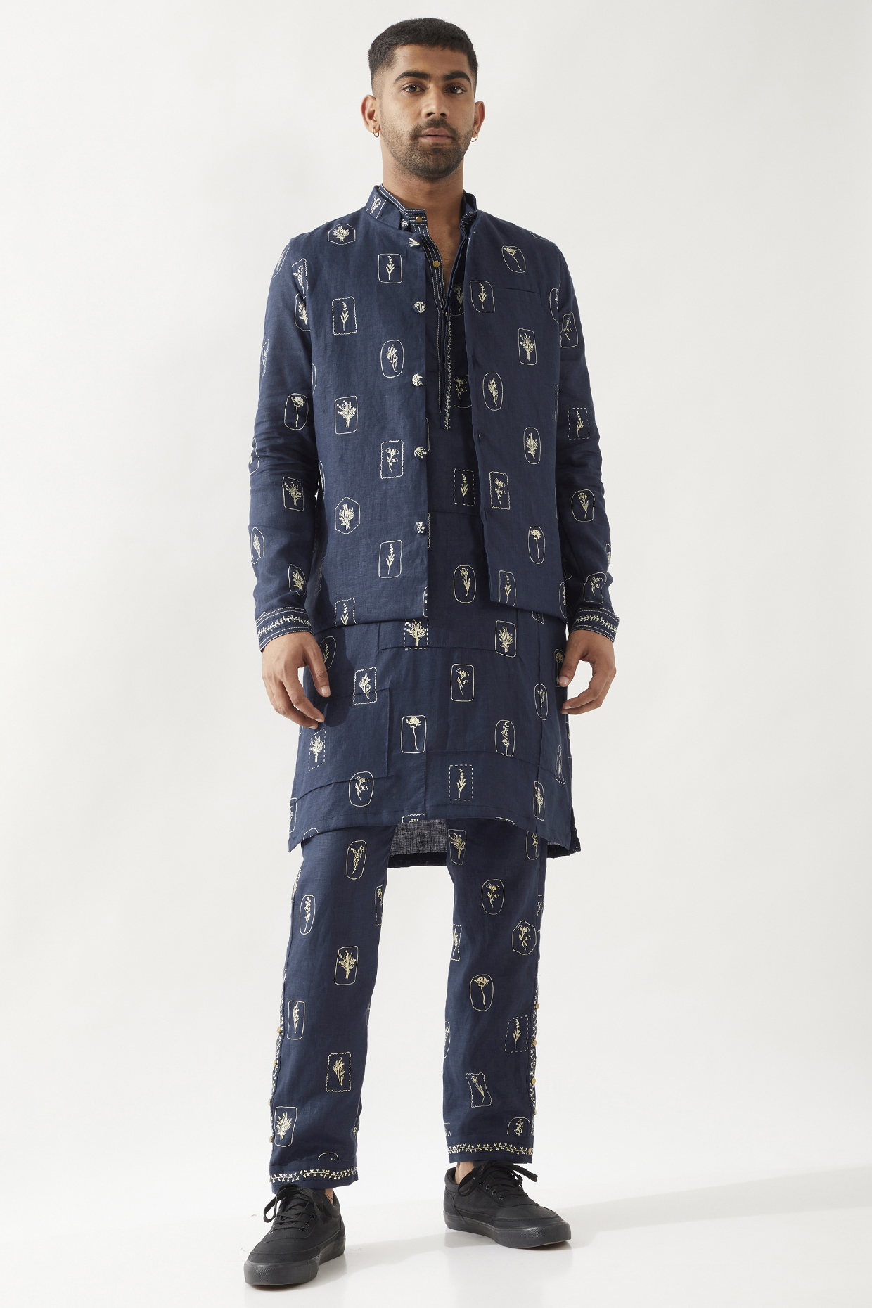 Navy Linen Printed Bundi Jacket Set by Son Of A Noble SNOB Men