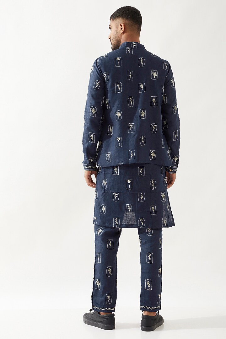 Navy Linen Printed Bundi Jacket Set by Son Of A Noble SNOB Men at Pernia's Pop Up Shop