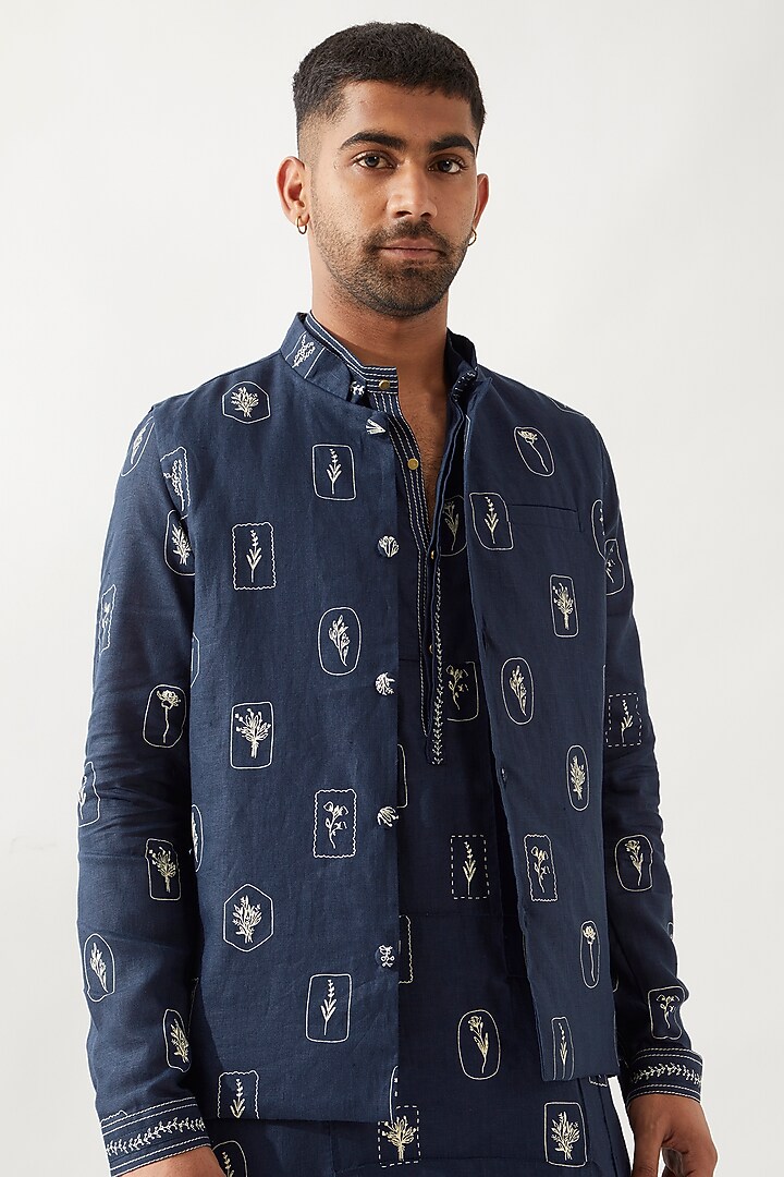 Navy Linen Printed Bundi Jacket Set by Son Of A Noble SNOB Men at Pernia's Pop Up Shop
