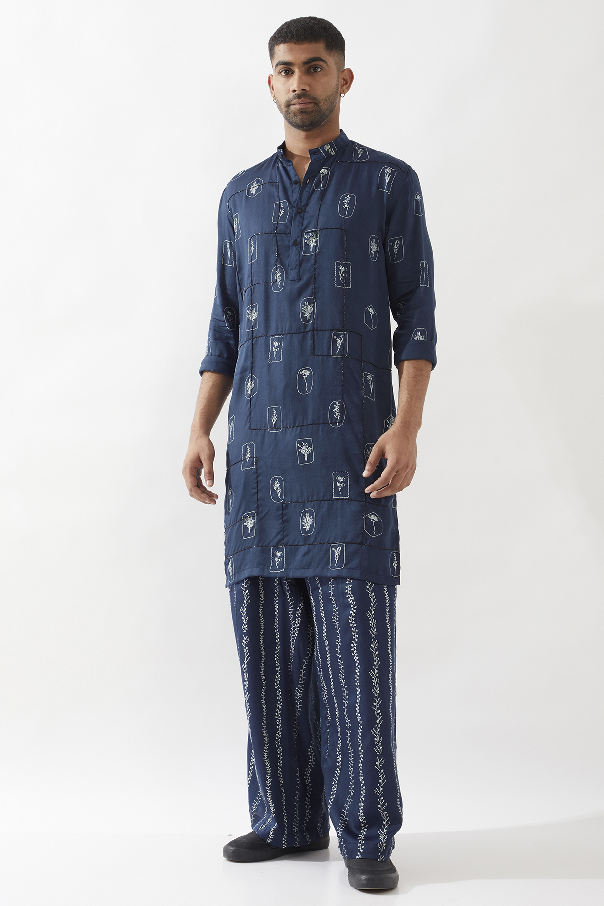 Navy Tencel Satin Printed & Hand Embroidered Kurta Set by Son Of A Noble SNOB Men