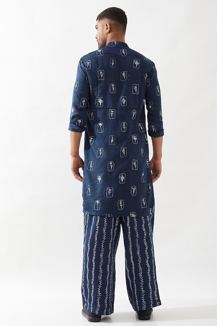 Navy Tencel Satin Printed & Hand Embroidered Kurta Set by Son Of A Noble SNOB Men at Pernia's Pop Up Shop