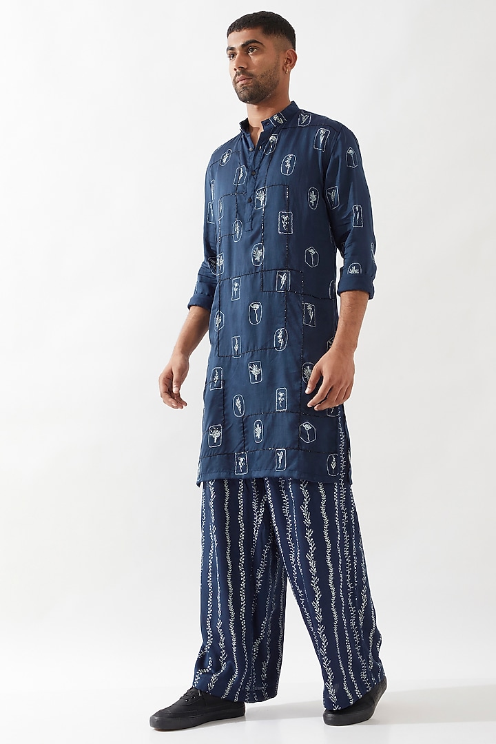 Navy Tencel Satin Printed & Hand Embroidered Kurta Set by Son Of A Noble SNOB Men at Pernia's Pop Up Shop