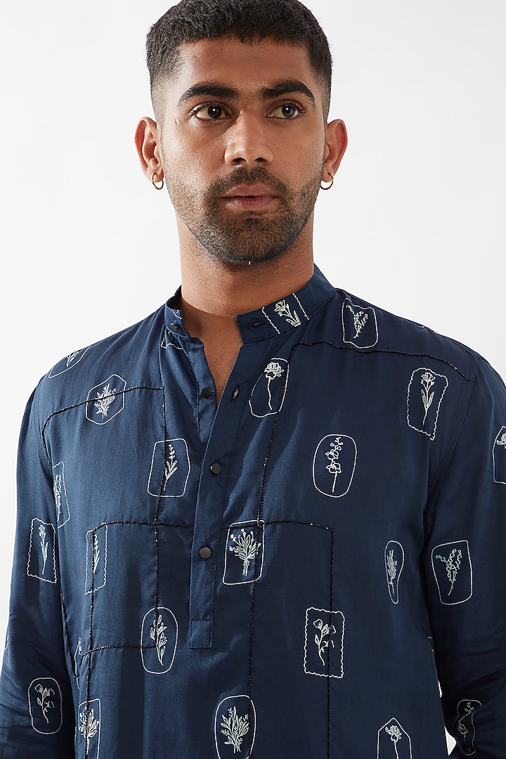 Navy Tencel Satin Printed & Hand Embroidered Kurta Set by Son Of A Noble SNOB Men at Pernia's Pop Up Shop
