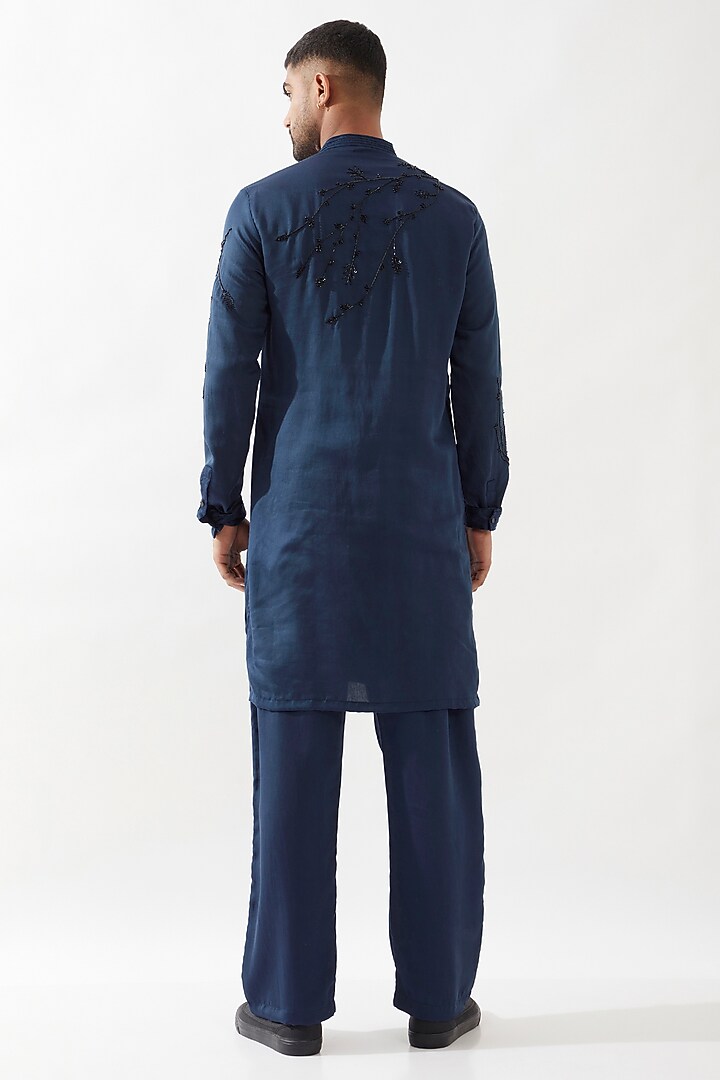 Blue Tencel Satin Cutdana Hand Embroidered Kurta Set by Son Of A Noble SNOB Men at Pernia's Pop Up Shop