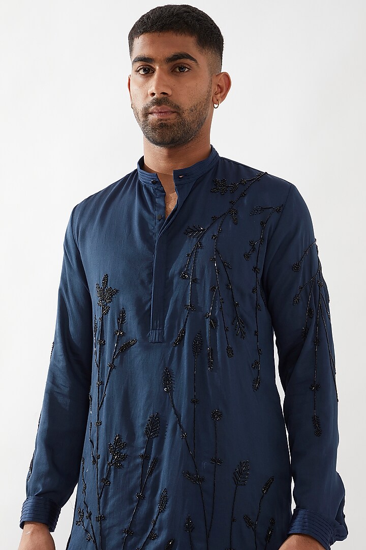 Blue Tencel Satin Cutdana Hand Embroidered Kurta Set by Son Of A Noble SNOB Men at Pernia's Pop Up Shop