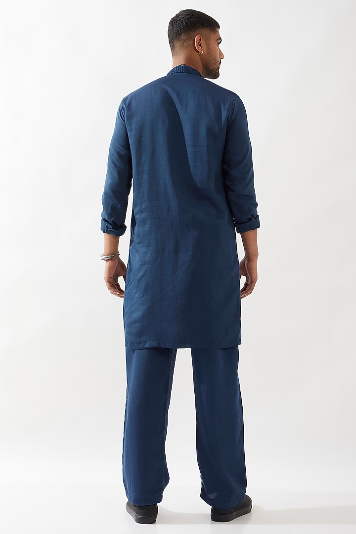 Blue Tencel Satin Cutdana Hand Embroidered Kurta Set by Son Of A Noble SNOB Men at Pernia's Pop Up Shop